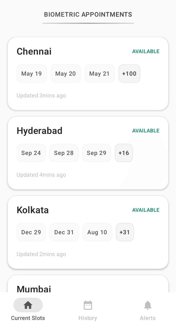 GetMyVisa app showing live slot availability for the Indian consulates